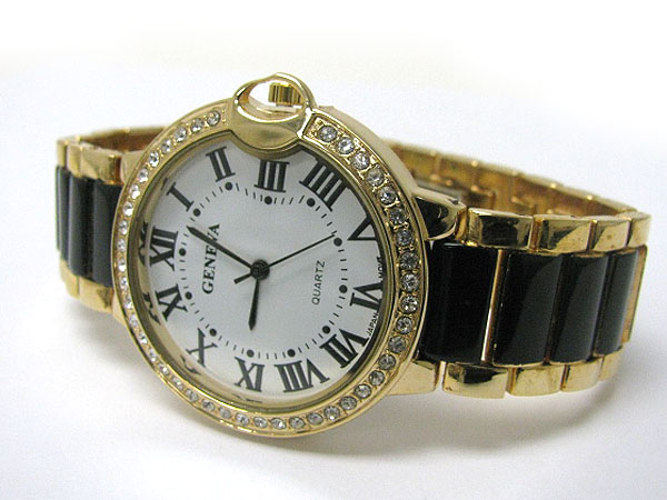 Crystal stud round face color metal band boy friend watch