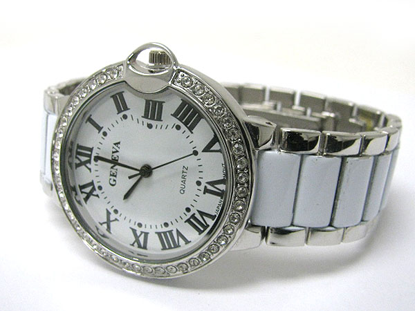 Crystal stud round face color metal band boy friend watch