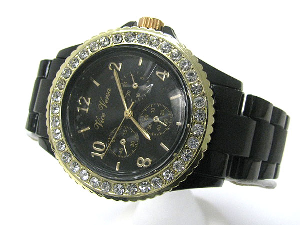 Crystal stud round face fashion acryl band watch