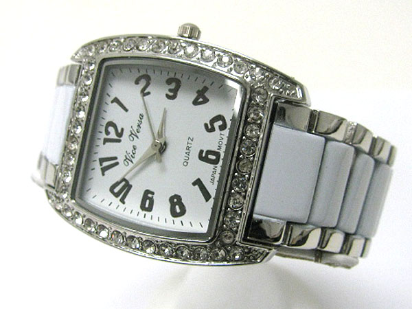 Crystal stud square face color metal band watch