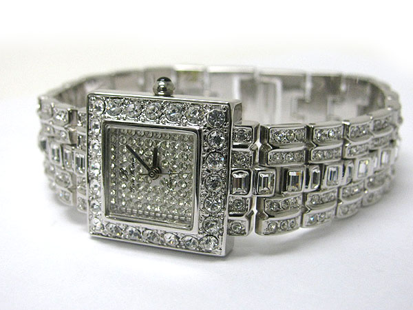 Crystal filled square face metal band jewelry watch