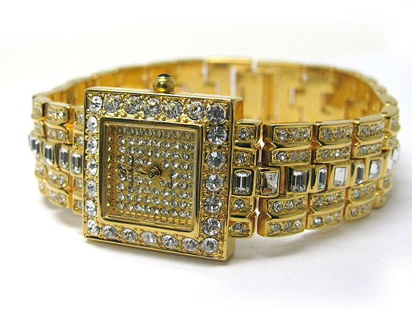 Crystal filled square face metal band jewelry watch