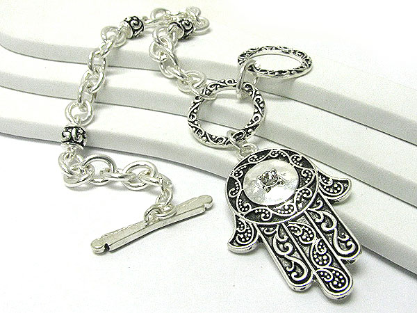 Textured metal hamsa charm toggle bracelet