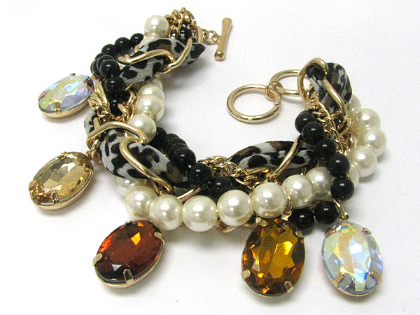 Animal print theme multi oval stone and chain and pearl tangle bracelet