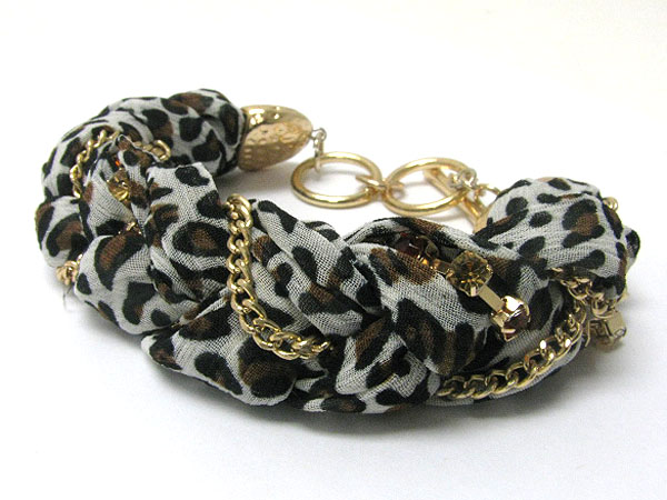 Animal print theme scarf and chain and rhinestone rhine tangle bracelet