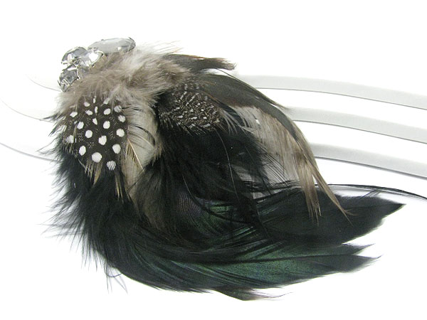 Crystal and mixed feather brooch or pin