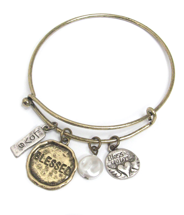 Hammered blessed charm bangle bracelet