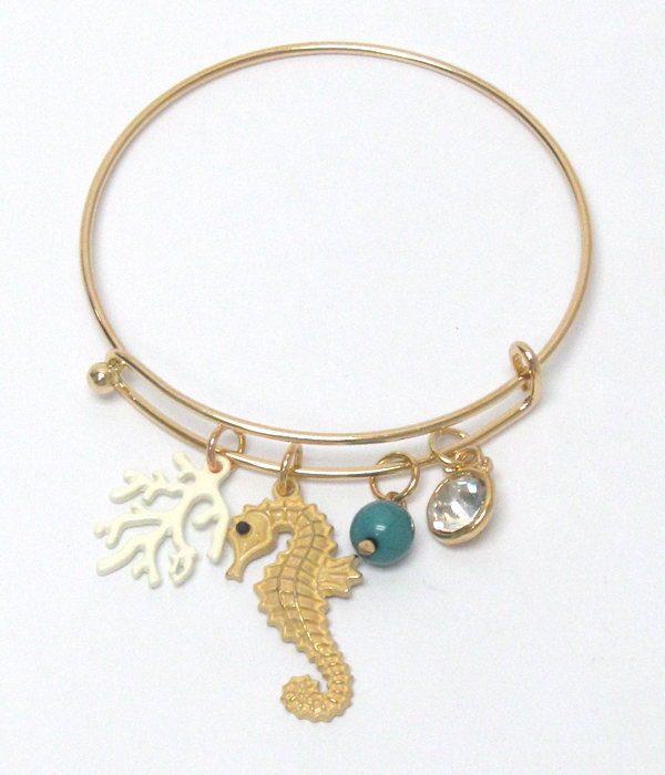 Sea life theme charm wire bangle bracelet - sea horse