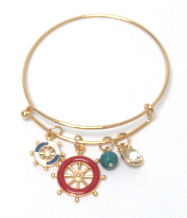 Sea life theme charm wire bangle bracelet - wheel