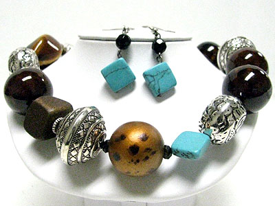 Natural stone and ceramic and metal ball link necklace set