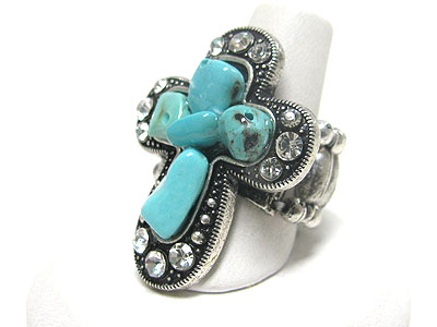 Natural stone and crystal design cross stretch ring