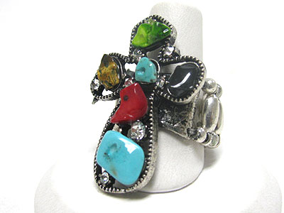 Natural stone and crystal design cross stretch ring