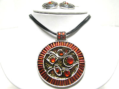 Glass and beads deco metal art medallion and cord necklace set