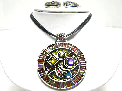 Glass and beads deco metal art medallion and cord necklace set