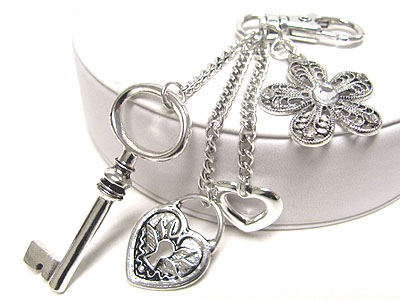 Metal key and heart flower charm key holder