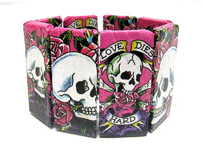 Paper art work wood stretch bracelet - skull tattoo theme