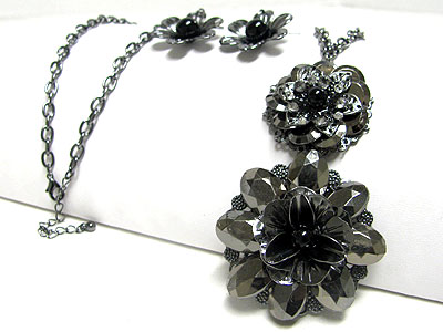 Metallic stone dual flower long necklace earring set