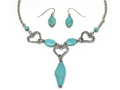 Turquoise stone dangle and heart frame link necklace and earring set