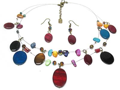 Multi shape disk charms dual strand necklace and earring set 