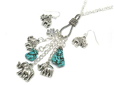 Turquoise stone and elephant drop necklace and earring 