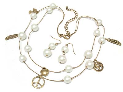 Multi ball and small metal charm double strand necklace and earring set 