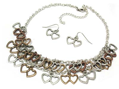 Tri tone multi metal heart charms necklace and earring set 