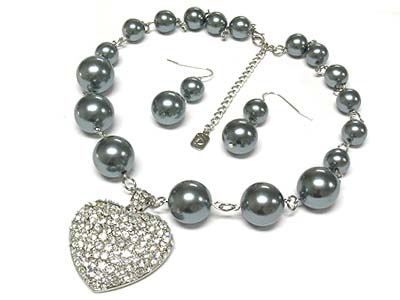 Crystal stud heart pendant and multi size pearl beads strand necklace and earring set 