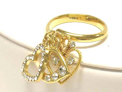 Multi crystal stud small charm adjustable ring - heart