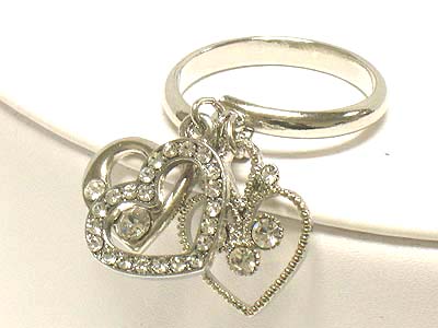 Multi crystal stud small charm adjustable ring - heart