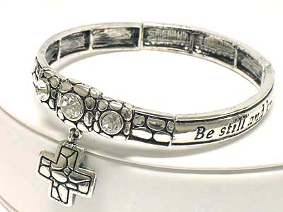 Crystal deco metal cross charm and message stretch bracelet