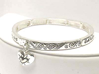 Filigree metal heart charm message stretch bracelet