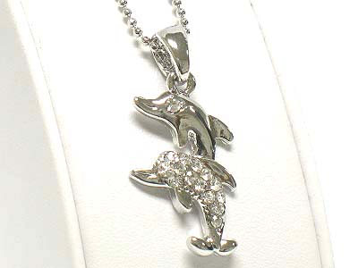 Made in korea whitegold plating crystal stud twin dolphin pendant necklace