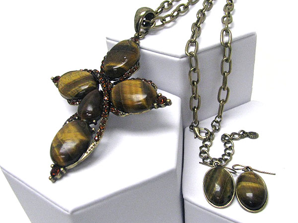 Crystal and tiger eye stone deco cross long chain necklace