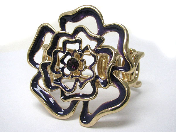 Facet glass stone and metal large flower stretch bracelet