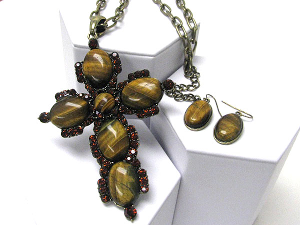 Crystal and tiger eye stone deco cross long chain necklace