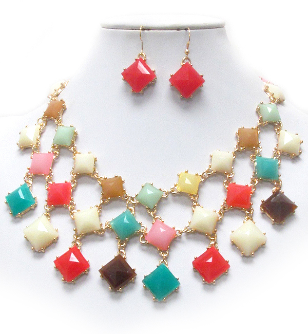 Multi facet acrylic stone link deco bib style necklace earring set