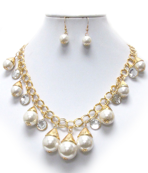 Multi pearl dangle chain necklace earring set