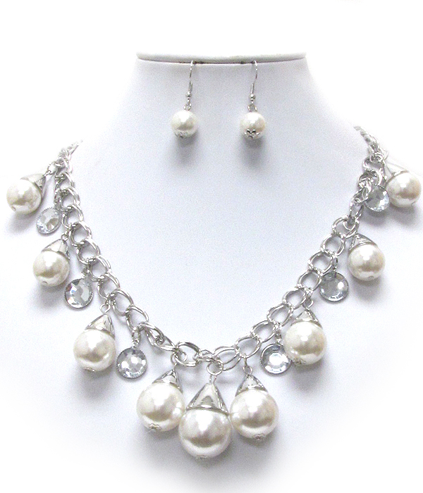 Multi pearl dangle chain necklace earring set