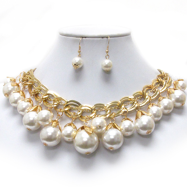 Multi pearl dangle chain chocker necklace earring set