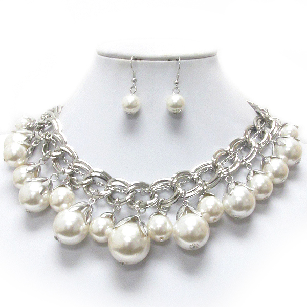 Multi pearl dangle chain chocker necklace earring set