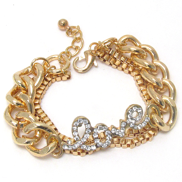 Crystal deco love and thick and tube chain bracelet