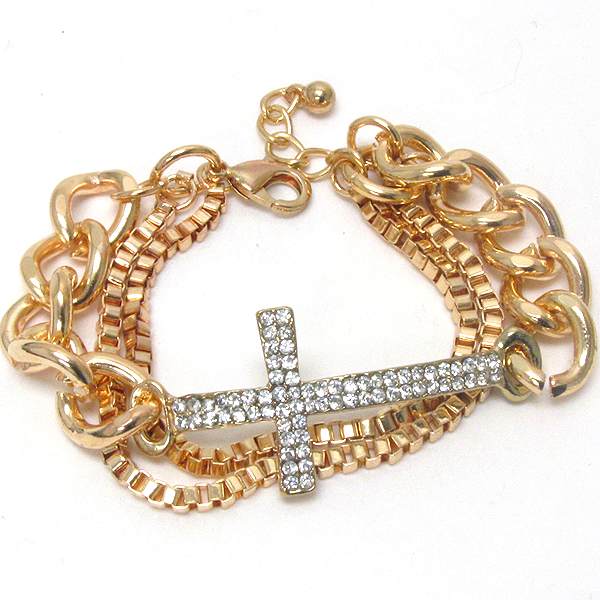 Crystal deco cross and thick and tube chain bracelet