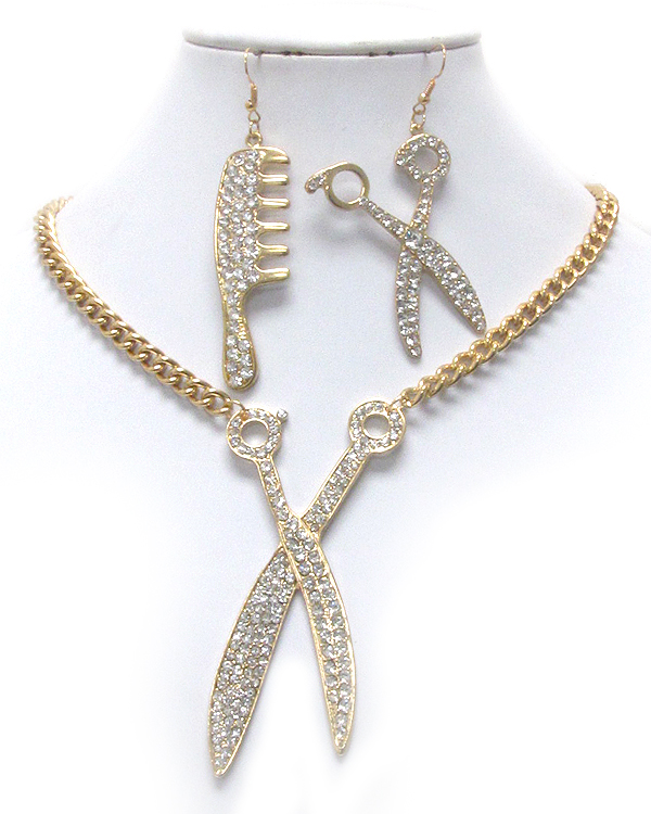 Crystal deco large scissor and comb necklace earring set