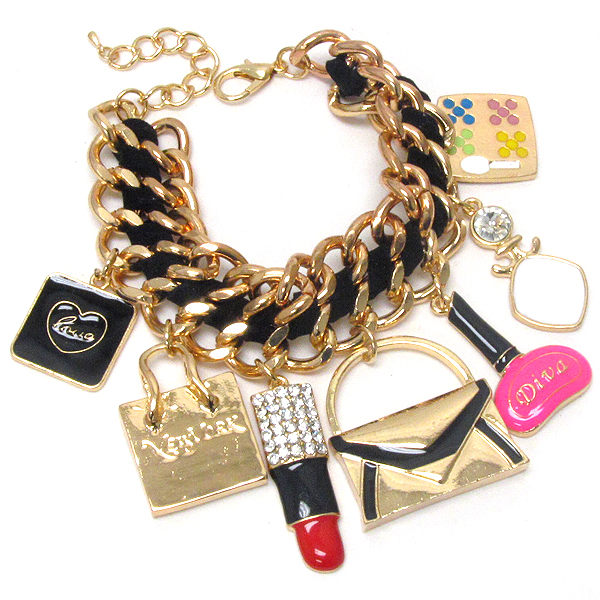 Crystal and epoxy deco multi cosmetic theme charm and chain bracelet