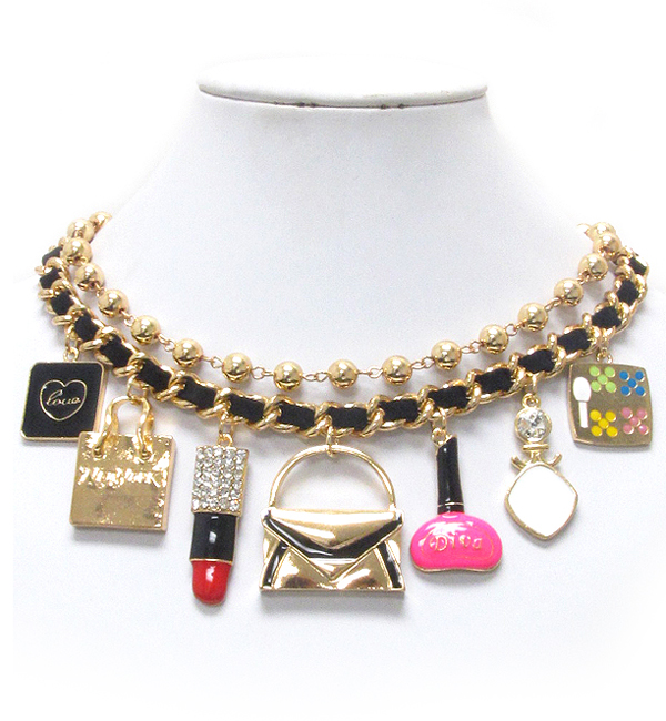 Crystal and epoxy deco multi cosmetic theme charm and chain necklace