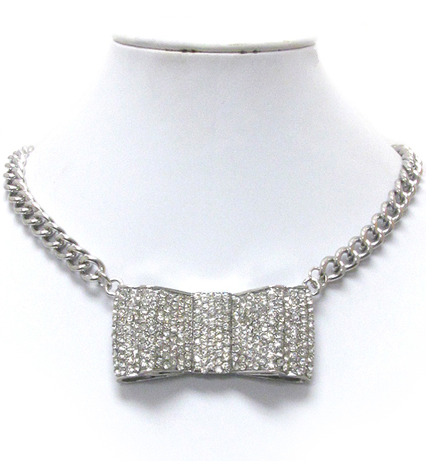 Multi crystal deco large bow and chain necklace