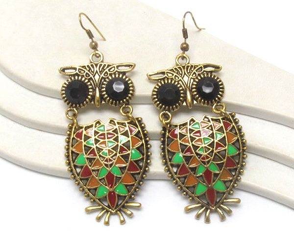 Owl theme antique metal earring