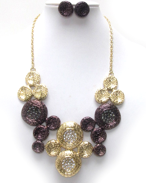 Crystal multi texured bubble disk link bib necklace earring set