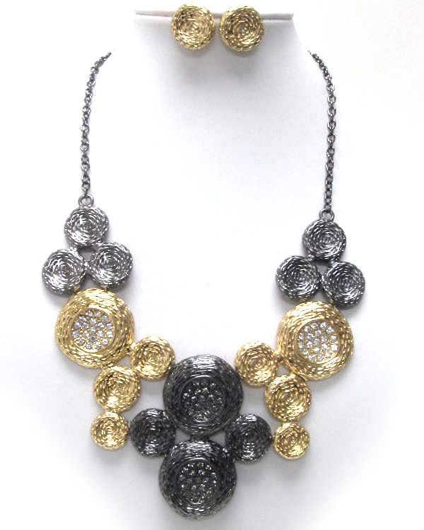 Crystal multi texured bubble disk link bib necklace earring set