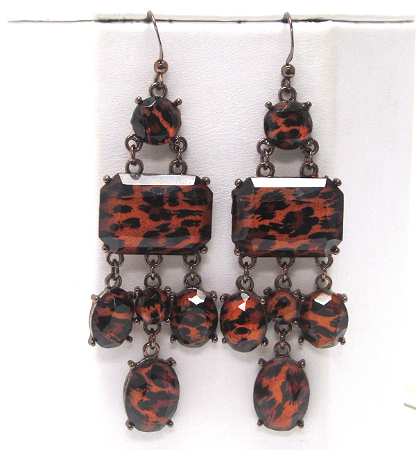 Multi shape coneted crystal glass stone with animal print drop earring